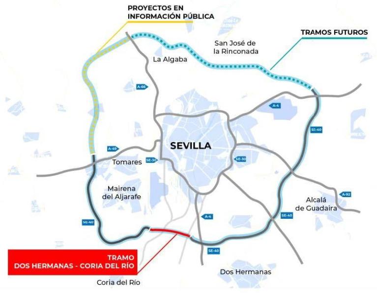 Mitma presenta el Anteproyecto para cerrar la SE-40 entre Dos Hermanas y Coria del Río con un viaducto para cruzar el Guadalquivir