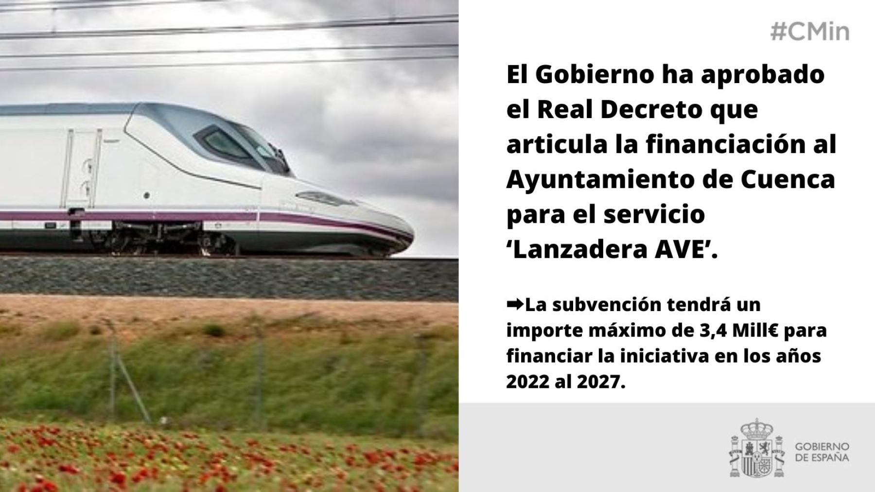 El Gobierno aprueba el Real Decreto que articula la financiación al Ayuntamiento de Cuenca para el servicio ‘Lanzadera AVE’