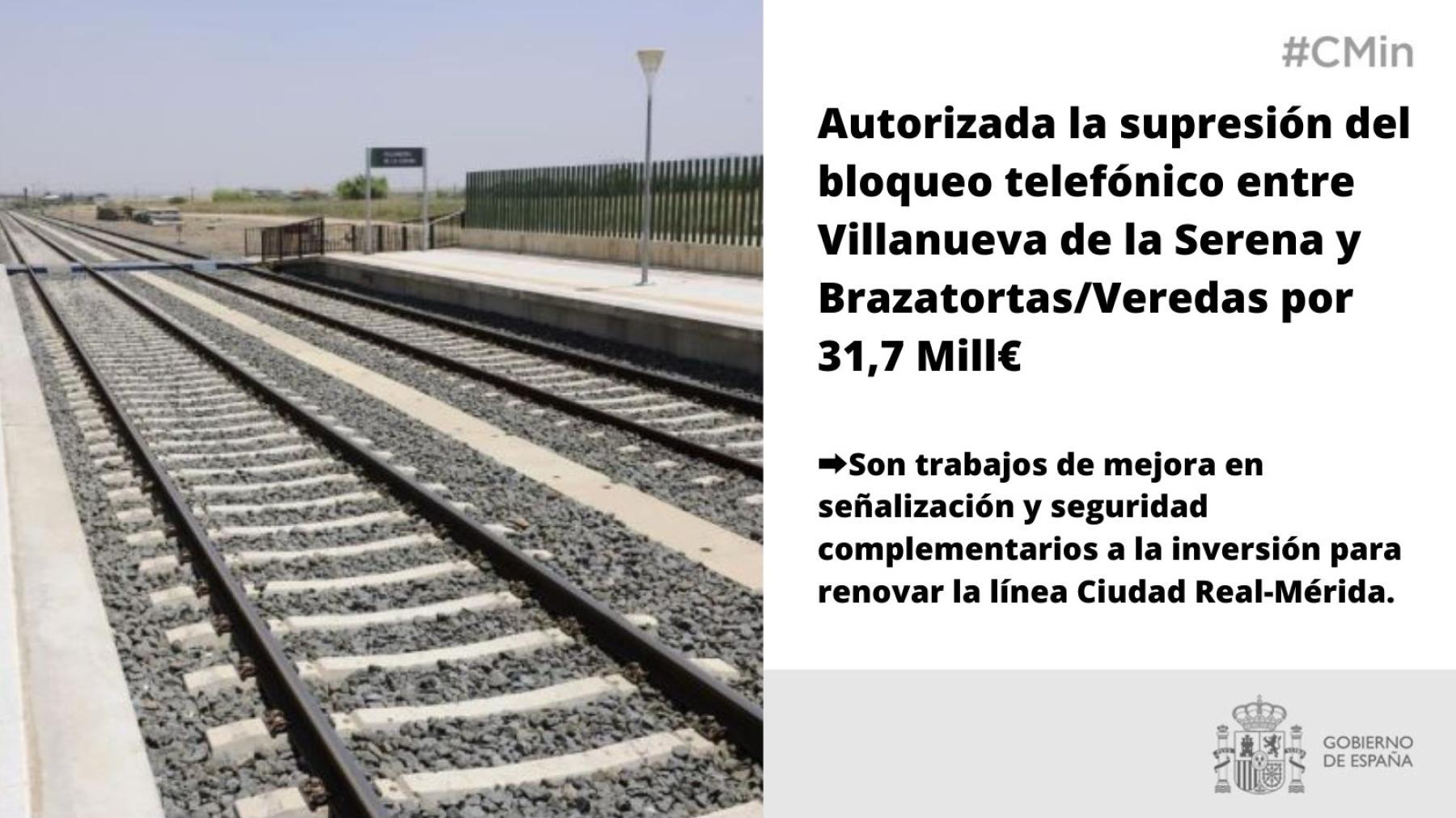 El Gobierno autoriza la supresión del bloqueo telefónico entre Villanueva de la Serena y Brazatortas/Veredas por 31,7 millones de euros