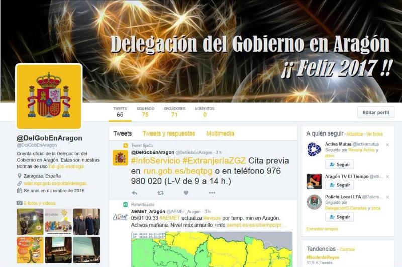 La Delegación del Gobierno en Aragón abre cuenta en Twitter: @DelGobEnAragon