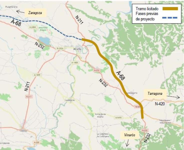 Mitma licita un contrato para redactar el proyecto del tramo entre Ventas de Valdealgorfa y Alcañiz de la Autovía A-68 