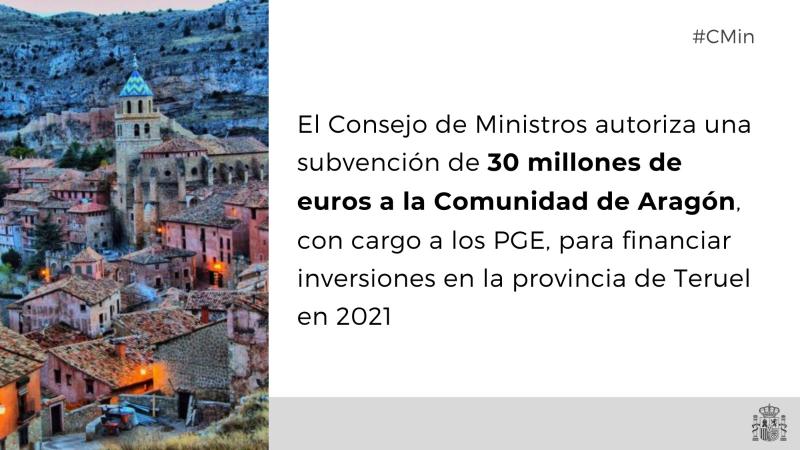 Subvención de 30 millones de euros a la Comunidad Autónoma de Aragón para financiar inversiones en la provincia de Teruel en 2021
