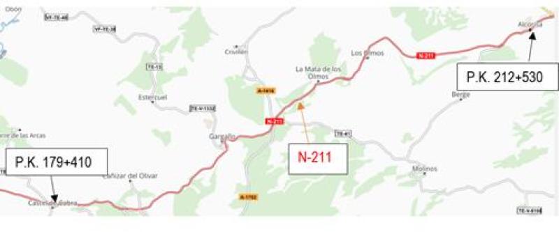 Mitma aprueba el proyecto de las obras de rehabilitación del firme de la N-211 entre Castel de Cabra y Alcorisa 
