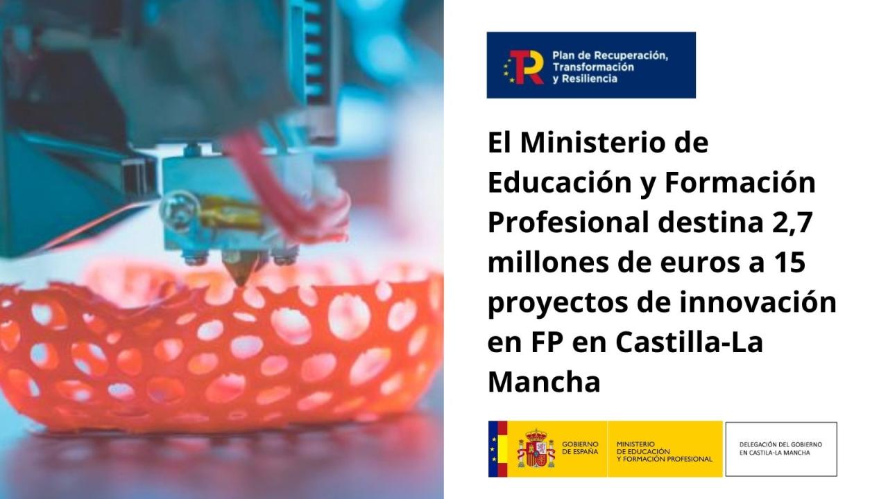 El Ministerio de Educación y Formación Profesional destina 2,7 millones de euros a 15 proyectos de innovación en FP en Castilla-La Mancha