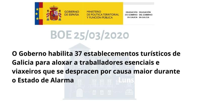 O Goberno habilita 37 establecementos turísticos de Galicia para aloxar a traballadores esenciais e viaxeiros que se despracen por causa maior durante o Estado de Alarma