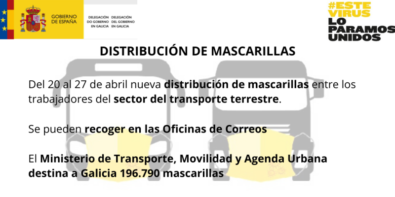 El Gobierno pone a disposición de los profesionales del sector de transporte en Galicia más de 196.000 mascarillas de protección 