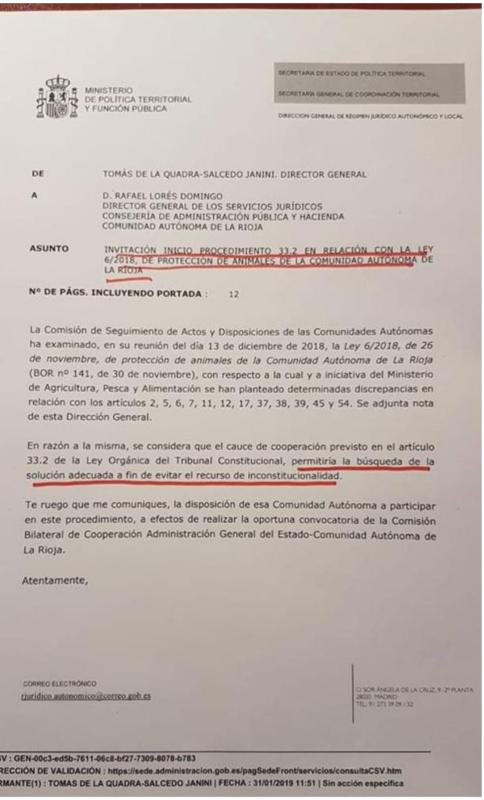 
 Delegación del Gobierno desmiente que el Gobierno de España haya decidido recurrir al Constitucional la Ley de Protección Animal del Gobierno de La Rioja.
