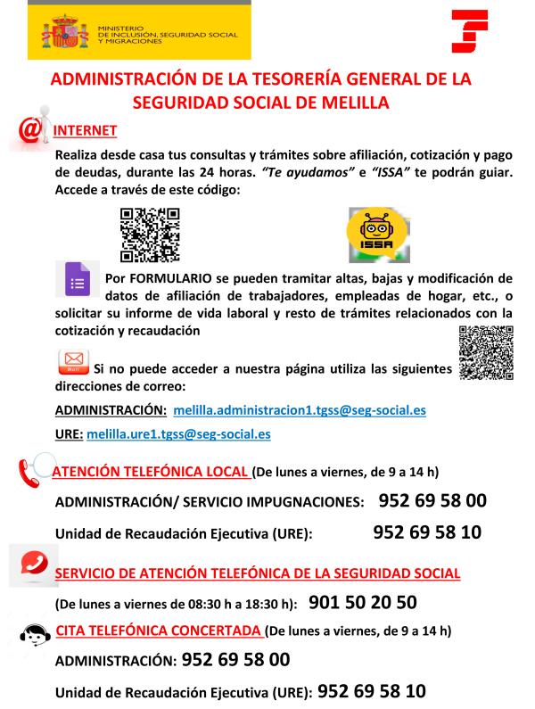 El Instituto Nacional de la Seguridad Social y de la Tesorería General en Melilla refuerzan su atención telemática y telefónica