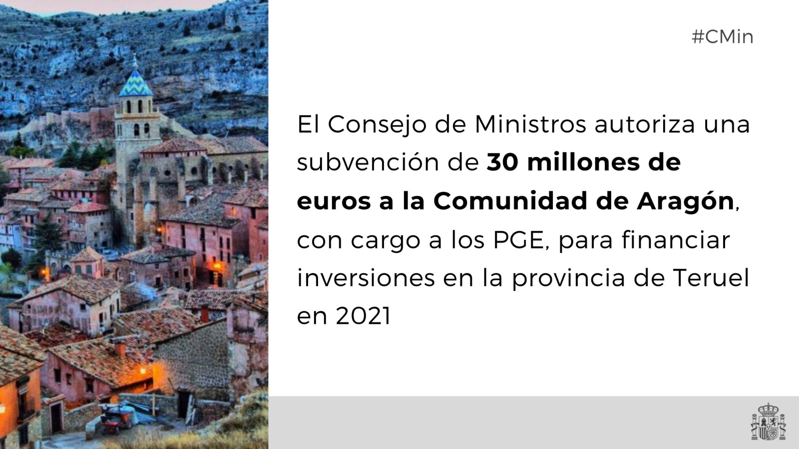 Subvención de 30 millones de euros a la Comunidad Autónoma de Aragón para financiar inversiones en la provincia de Teruel en 2021

